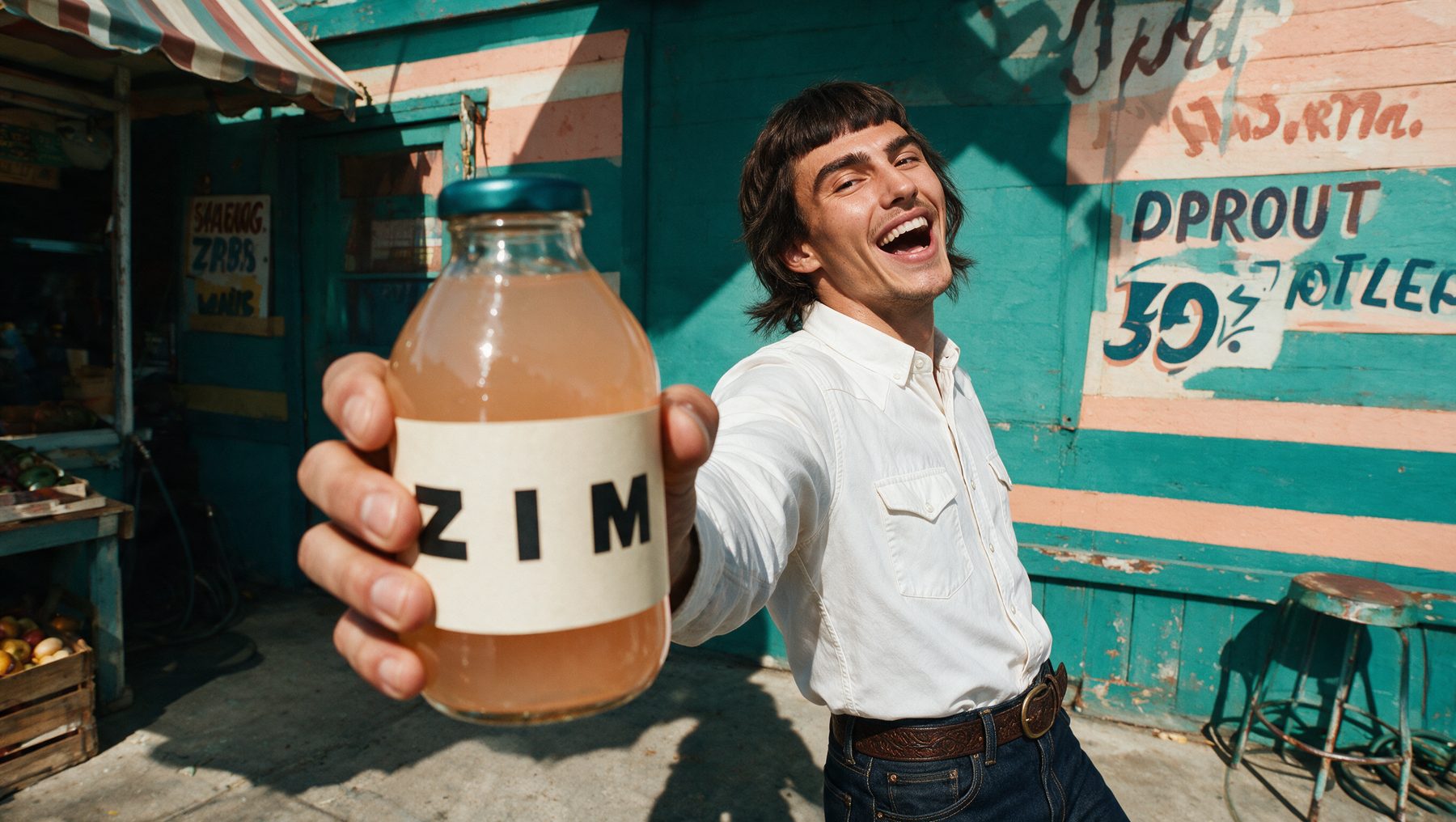 A man holding out a ZIM bottle outside a painted storefront in hard sun