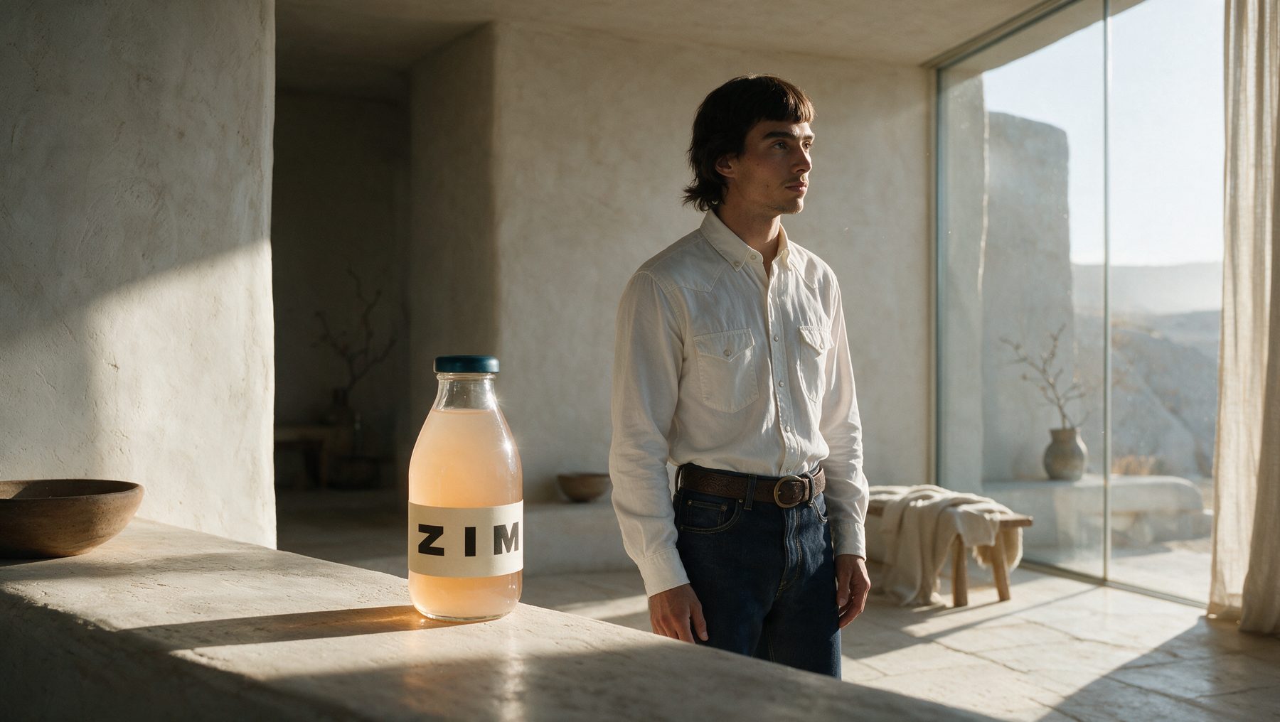 A ZIM bottle on a plaster ledge in a sunlit interior with a man standing behind
