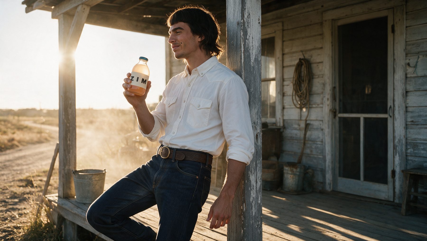 A man leaning on a porch post at golden hour holding a ZIM bottle